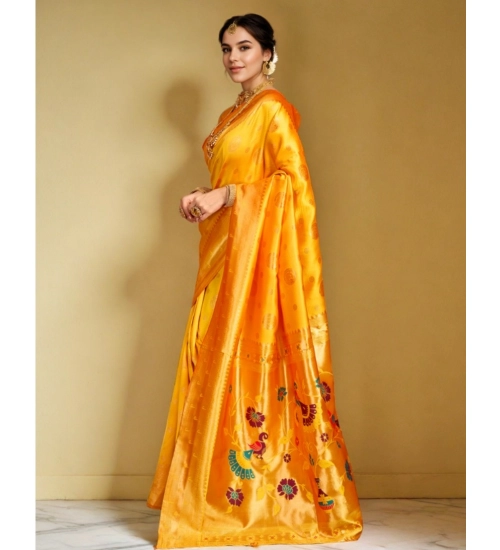 Women's Silk Blend Paithani Saree With Unstitched Blouse 5.5Mtr (Mustard)