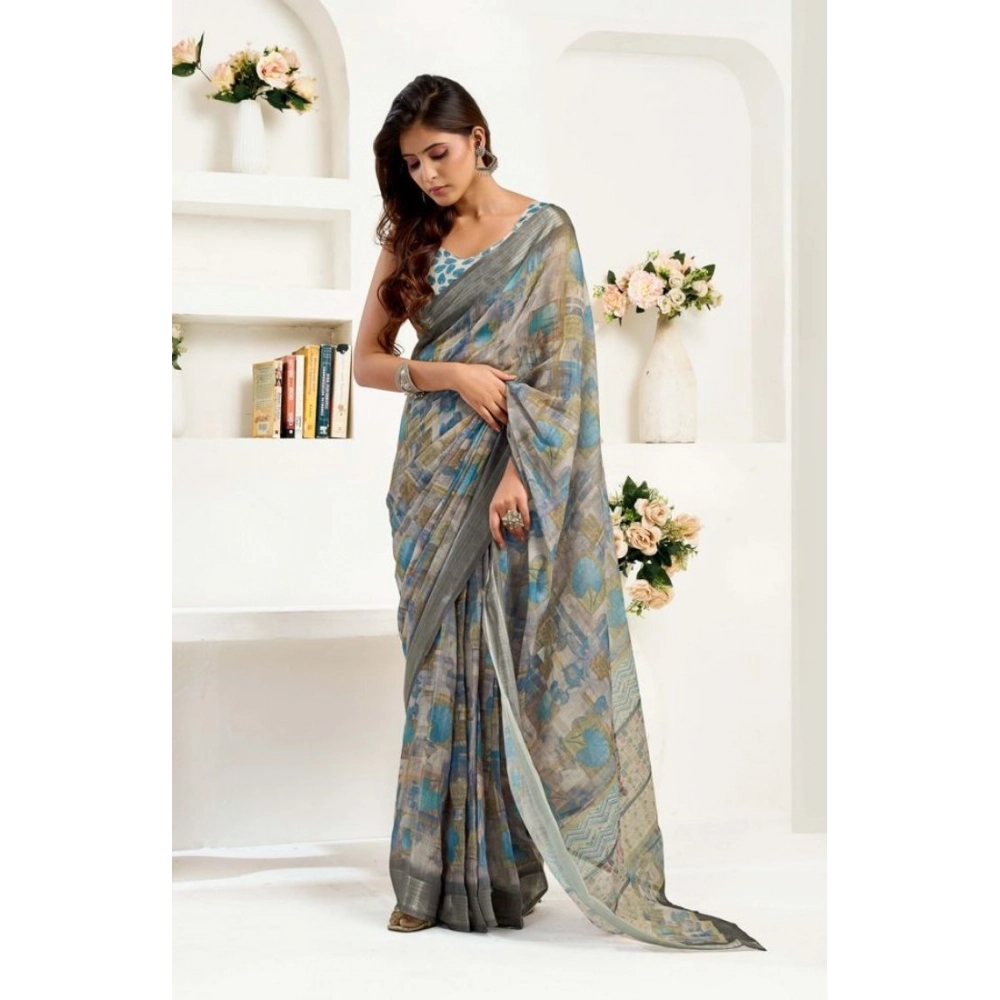 Women's Faux Linen Abstract Print Ready to wear Saree With Unstitched Blouse 5.5Mtr (Grey) Women's Faux Linen Abstract Print Ready to wear Saree With Unstitched Blouse 5.5Mtr (Grey)