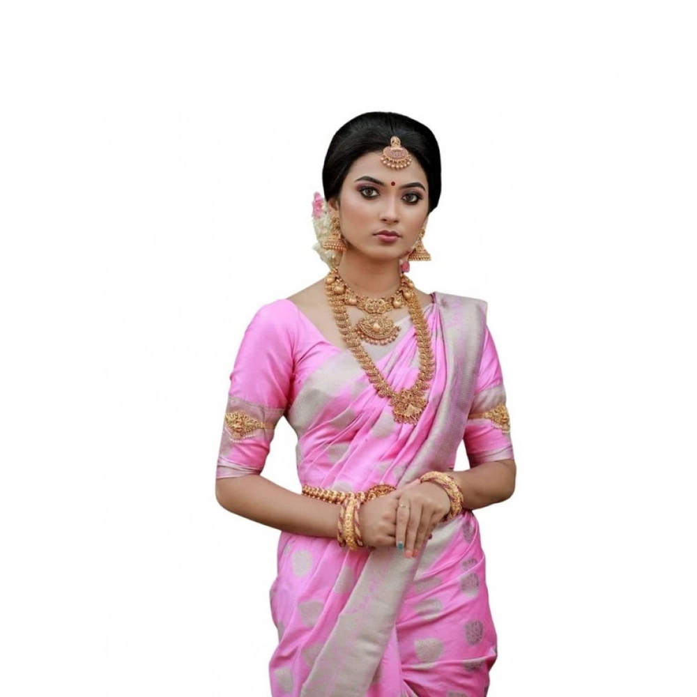 Women's Soft Lichi Silk Printed Saree With Unstitched Blouse 5.5Mtr (Pink)