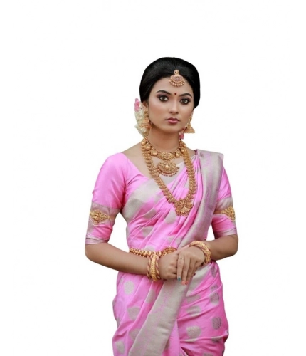 Women's Soft Lichi Silk Printed Saree With Unstitched Blouse 5.5Mtr (Pink)