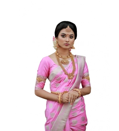 Women's Soft Lichi Silk Printed Saree With Unstitched Blouse 5.5Mtr (Pink)