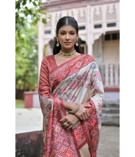 Women's Faux_Tussar Floral Jal With Patola Print Saree With Unstitched Blouse 5.5Mtr (Maroon)