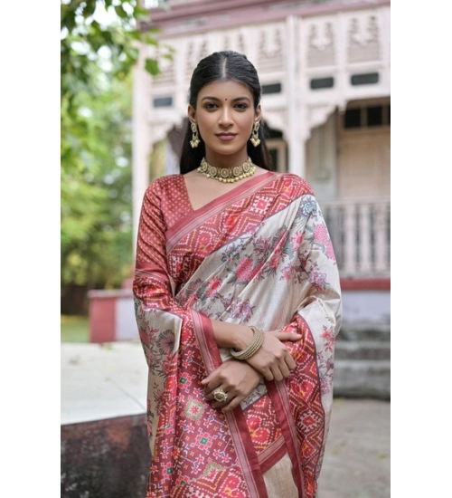 Women's Faux_Tussar Floral Jal With Patola Print Saree With Unstitched Blouse 5.5Mtr (Maroon)