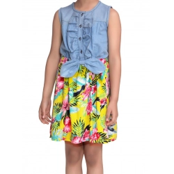 Girl's Denim Floral Sleeveless Dress (Blue-Yellow)