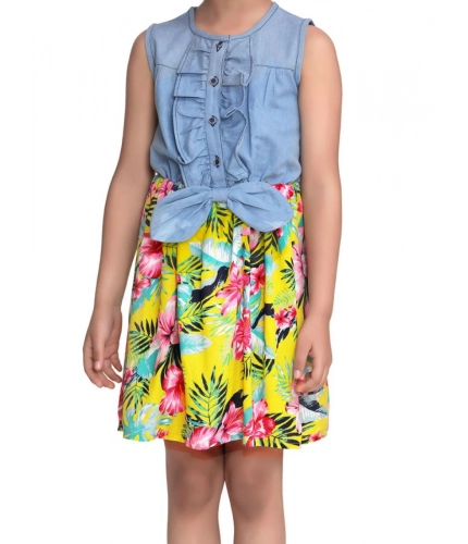 Girl's Denim Floral Sleeveless Dress (Blue-Yellow)