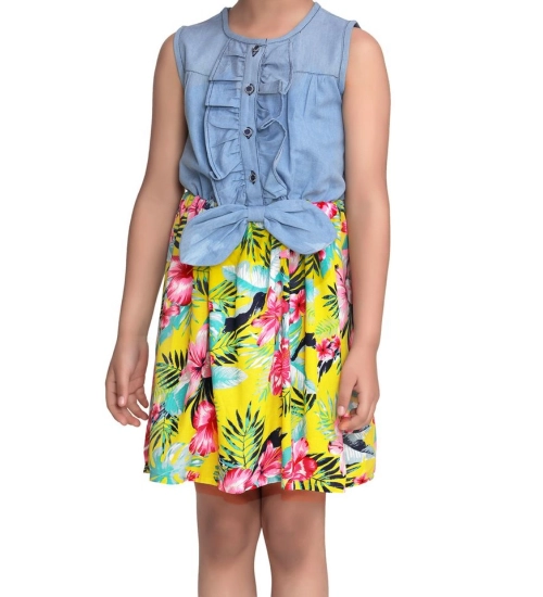 Girl's Denim Floral Sleeveless Dress (Blue-Yellow)