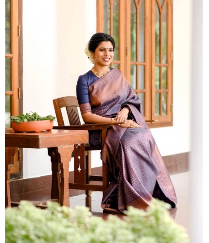 Women's Litchi silk Printed Saree With Unstitched Blouse (Navy Blue) Women's Litchi silk Printed Saree With Unstitched Blouse (Navy Blue)