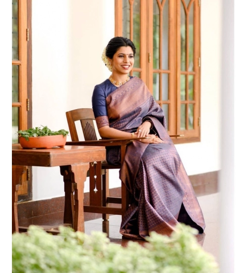 Women's Litchi silk Printed Saree With Unstitched Blouse (Navy Blue)