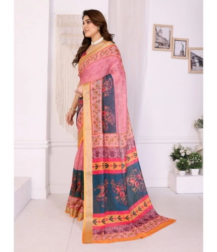 Women's Linen Cotton Printed Saree With Unstitched Blouse 5.5Mtr (Pink) Women's Linen Cotton Printed Saree With Unstitched Blouse 5.5Mtr (Pink)