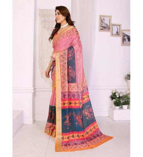 Women's Linen Cotton  Printed Saree With Unstitched Blouse 5.5Mtr (Pink)