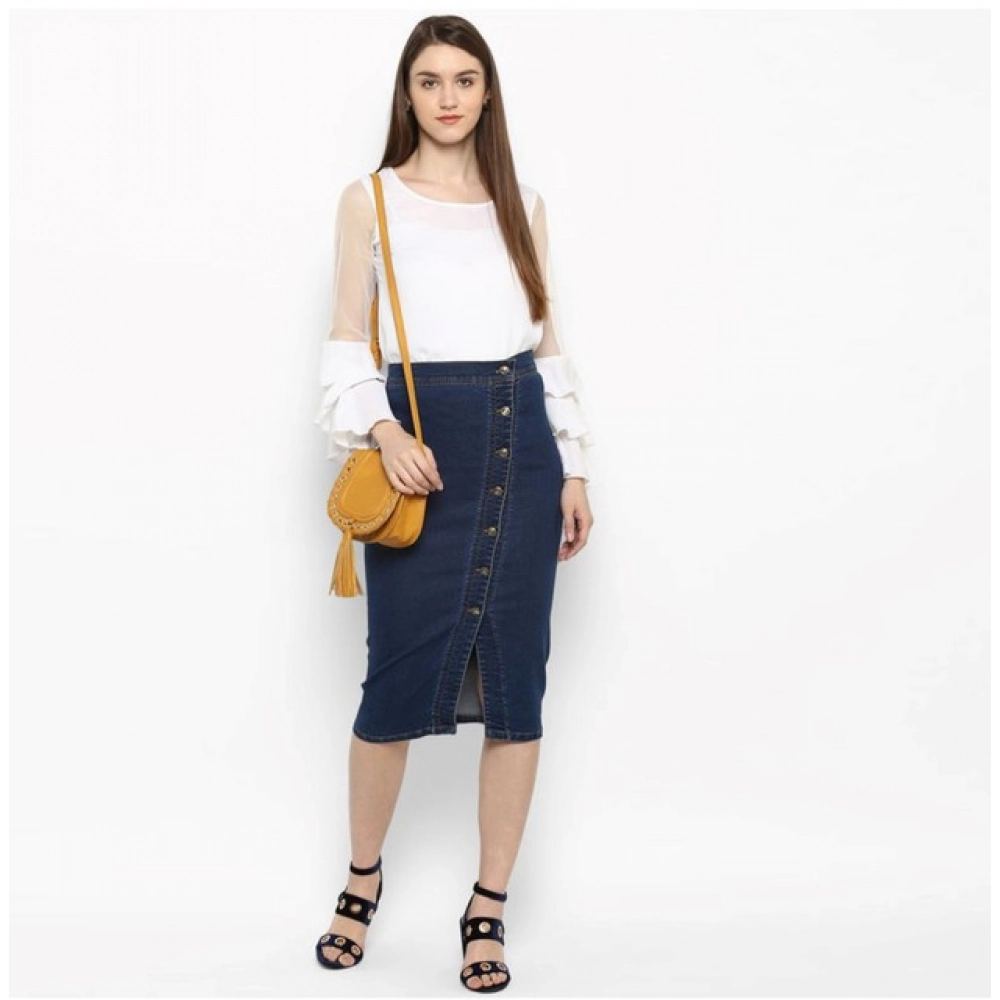 Women's Denim Front Button Buttoned Skirt (Blue)