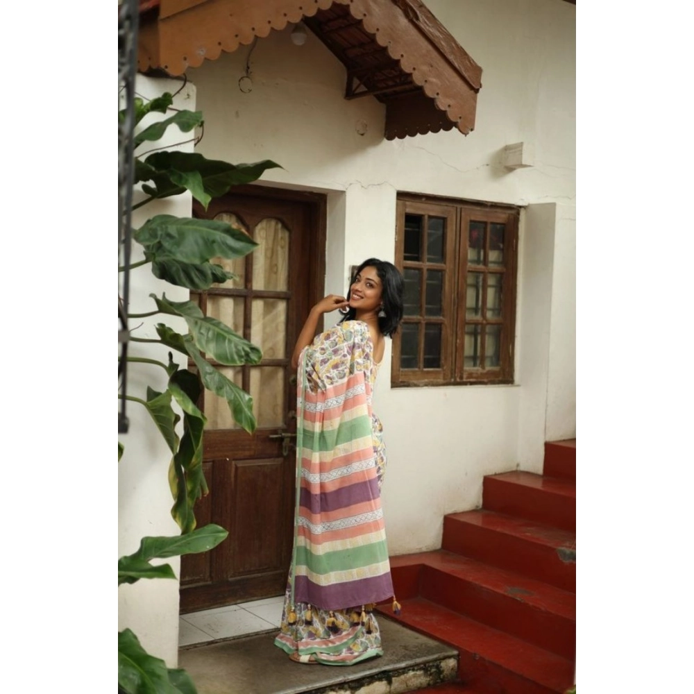 Women's Linen Printed Saree With Unstitched Blouse 5.5Mtr (Multicolor) Women's Linen Printed Saree With Unstitched Blouse 5.5Mtr (Multicolor)