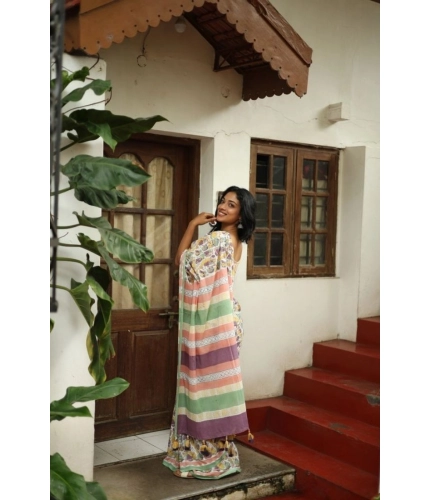 Women's Linen Printed Saree With Unstitched Blouse 5.5Mtr (Multicolor)