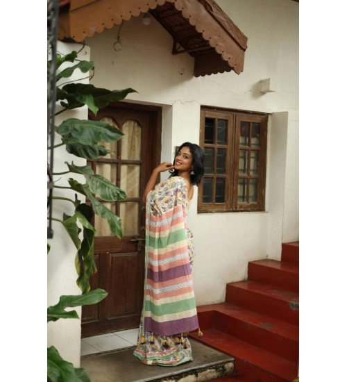 Women's Linen Printed Saree With Unstitched Blouse 5.5Mtr (Multicolor)