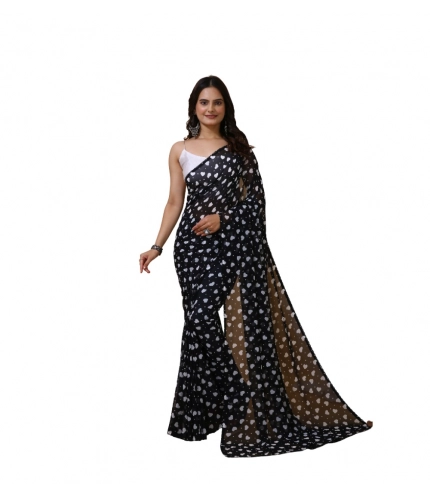 Women's Georgette Printed Saree With Unstitched Blouse 5.5Mtr (Black)