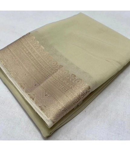 Women's Crepe Chit Pallu Solid Saree With Unstitched Blouse 5.5Mtr (Beige)