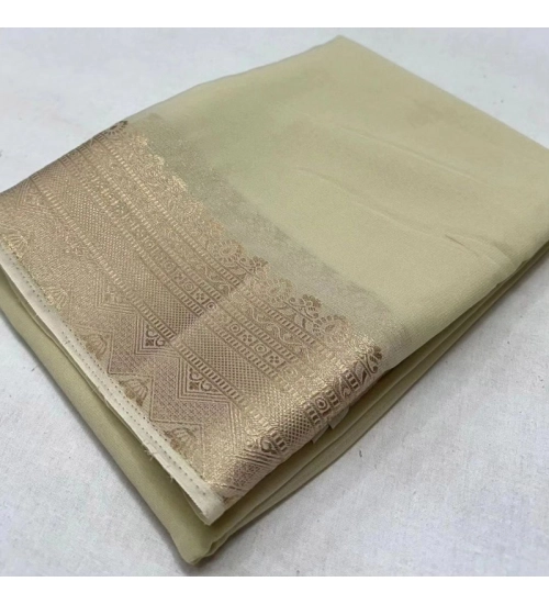 Women's Crepe Chit Pallu Solid Saree With Unstitched Blouse 5.5Mtr (Beige)