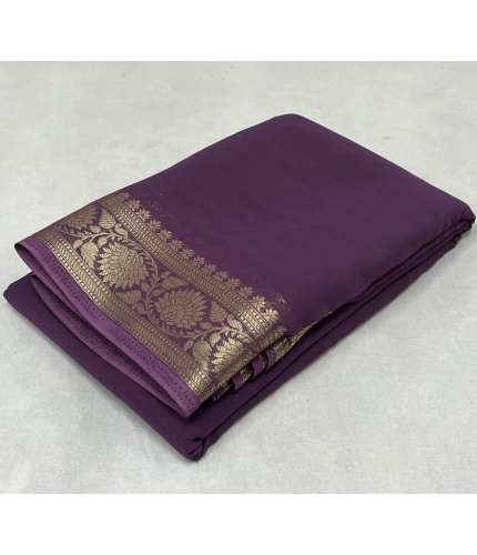 Women's Crepe Chit Pallu Solid Saree With Unstitched Blouse 5.5Mtr (Purple)
