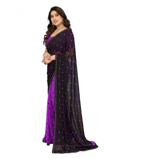 Women's Georgette Printed Saree With Unstitched Blouse 5.5Mtr (Black-Purple)