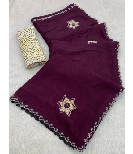 Women's Chiffon Butti Dotted Saree With Unstitched Blouse 5.5Mtr (Wine)