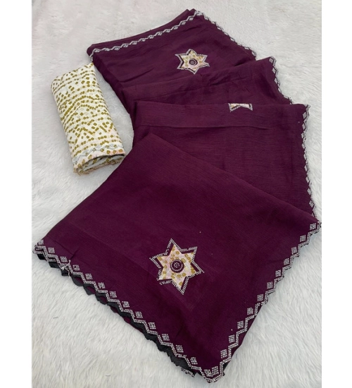 Women's Chiffon Butti Dotted Saree With Unstitched Blouse 5.5Mtr (Wine)