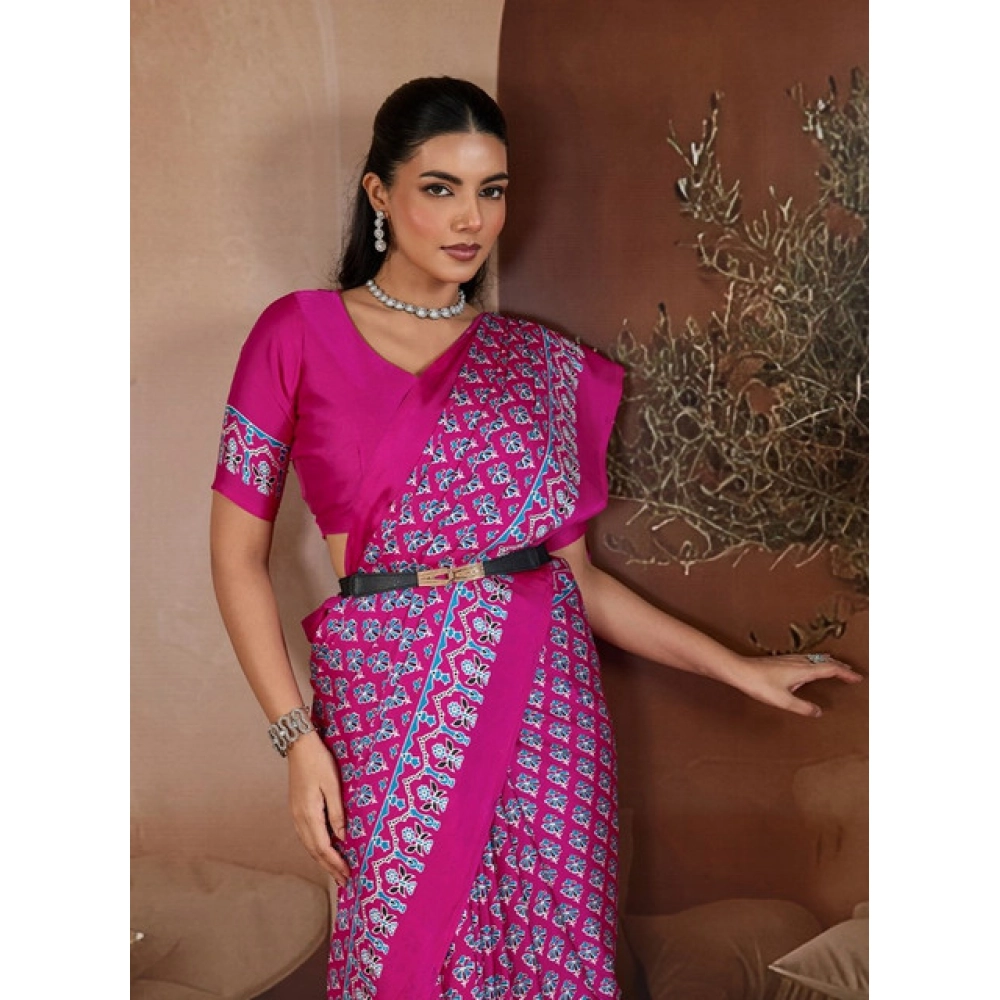 Women's Satin Crepe Printed Saree With Unstitched Blouse 5.5Mtr (Pink)