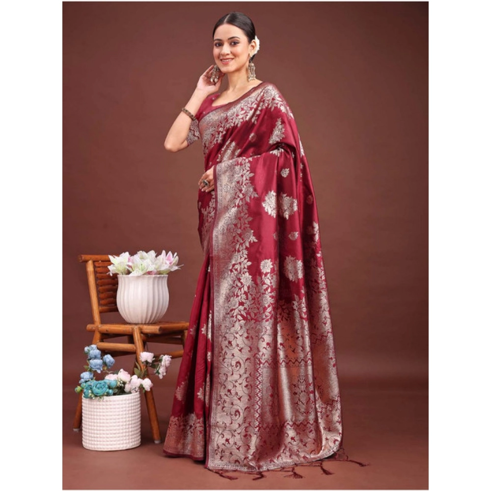 Women's Banarasi Silk Printed Saree With Unstitched Blouse 5.5Mtr (Maroon) Women's Banarasi Silk Printed Saree With Unstitched Blouse 5.5Mtr (Maroon)