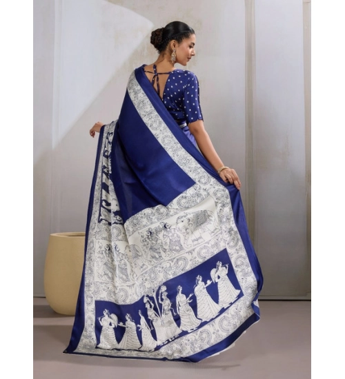 Women's Satin Crepe Printed Saree With Unstitched Blouse 5.5Mtr (Blue)