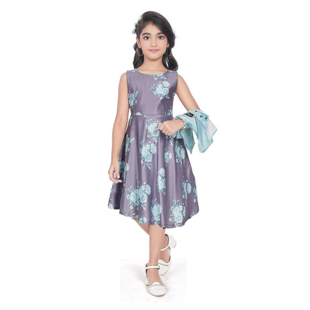 Girl's Satin Printed Sleeve Less Round Neck Dress (Sea Green)