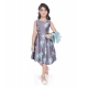 Girl's Satin Printed Sleeve Less Round Neck Dress (Sea Green)