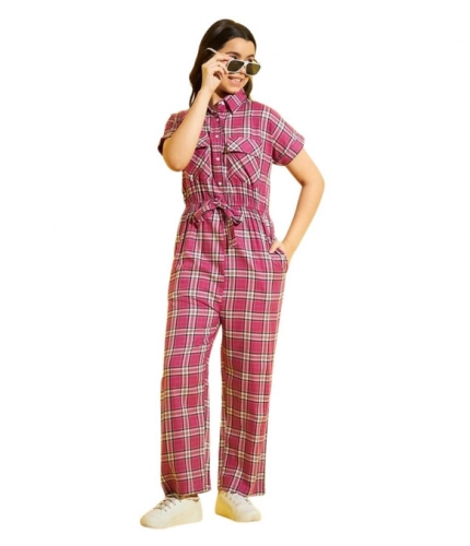 Girl's Cotton Checkered Short Sleeves Jumpsuit (Pink)