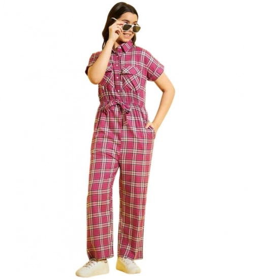 Girl's Cotton Checkered Short Sleeves Jumpsuit (Pink) Girl's Cotton Checkered Short Sleeves Jumpsuit (Pink)