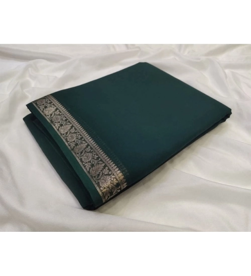 Women's Crepe Chit Pallu Solid Saree With Unstitched Blouse 5.5Mtr (Bottle Green)