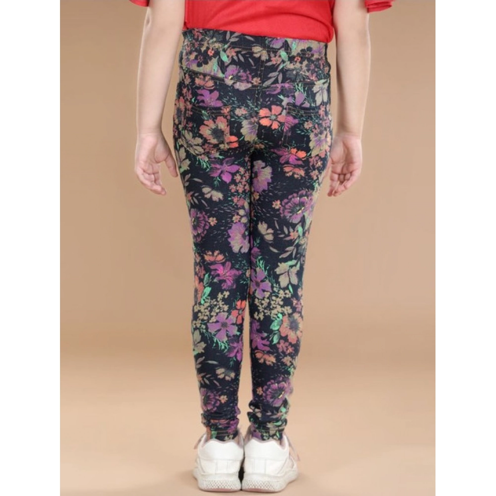 Girl's Cotton Lycra Floral Elasticated Jeggings (Multicolor) Girl's Cotton Lycra Floral Elasticated Jeggings (Multicolor)