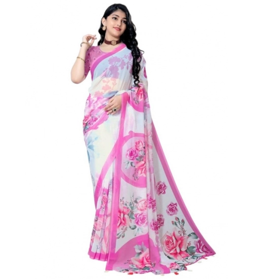 Women's Georgette Floral Printed Saree With Unstitched Blouse 5.5Mtr (Pink)