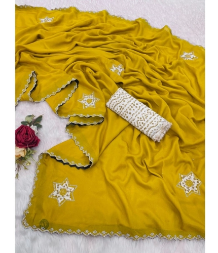 Women's Chiffon Butti Dotted Saree With Unstitched Blouse 5.5Mtr (Yellow) Women's Chiffon Butti Dotted Saree With Unstitched Blouse 5.5Mtr (Yellow)