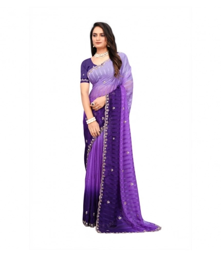 Women's Chiffon Embroidred Saree With Unstitched Blouse 5.5Mtr (Purple)