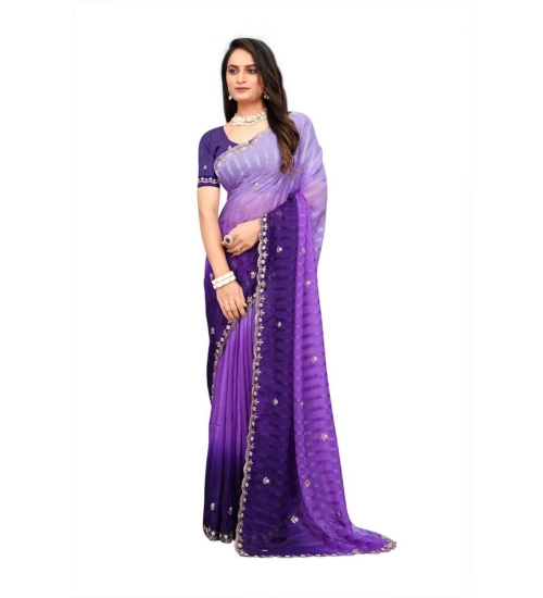 Women's Chiffon Embroidred Saree With Unstitched Blouse 5.5Mtr (Purple)