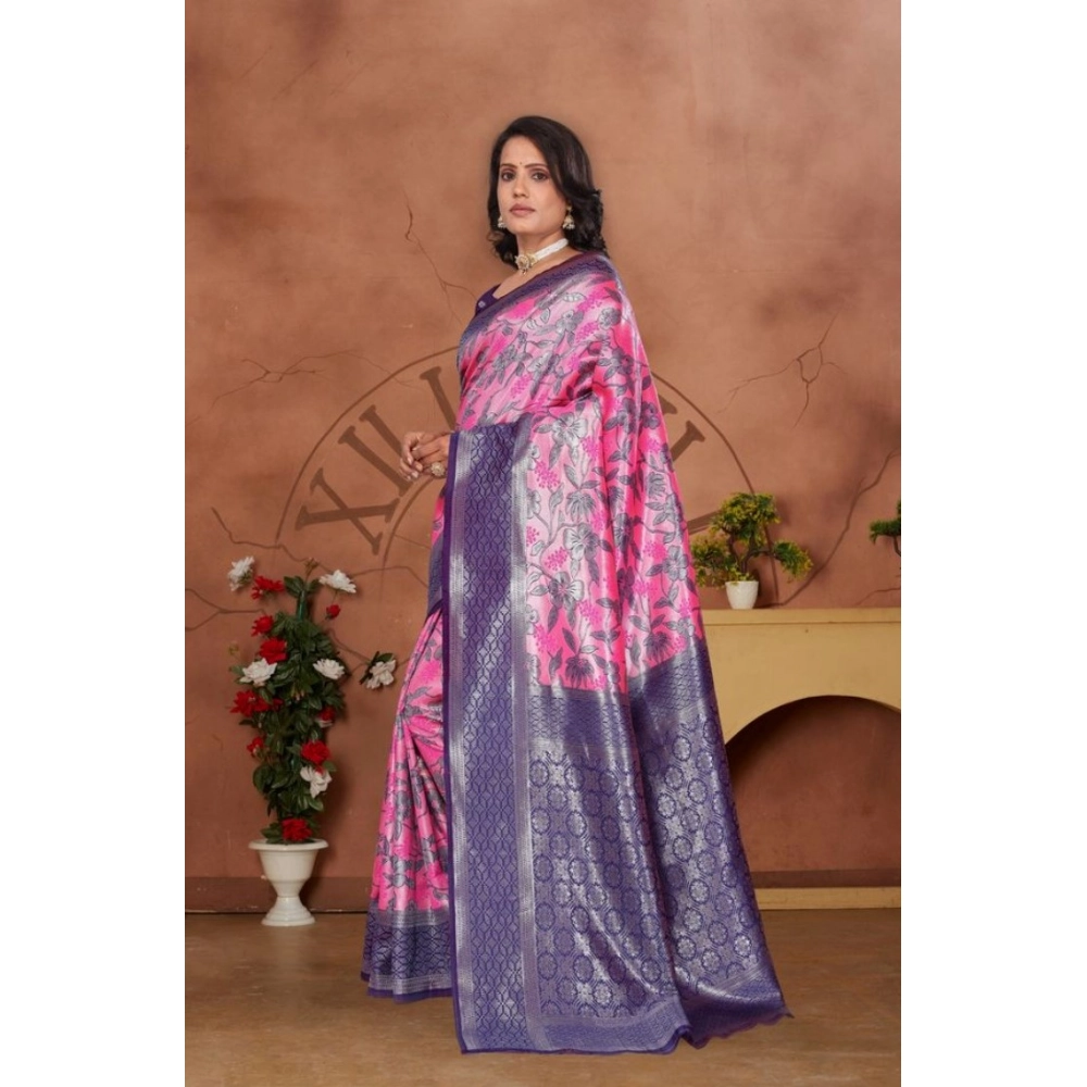 Women's Banarasi Silk Jaquard Woven Saree With Unstitched Blouse 5.5Mtr (Pink)