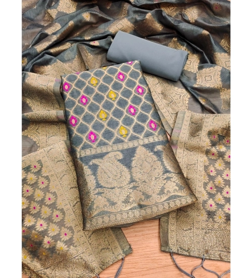 Women's Banarasi Silk Printed Unstitched Salwar Suit Material With Dupatta (Grey, 3Mtrs)