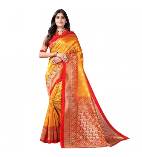 Women's Litchi silk Printed Saree With Unstitched Blouse  5-6 Mtrs (Mustard Yellow)