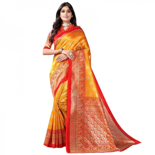 Dropship Women's Litchi silk Printed Saree With Unstitched Blouse  5-6 Mtrs (Mustard Yellow)