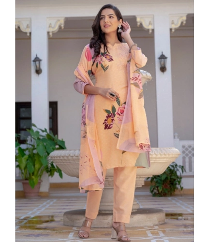 Women's Cotton Blend Printed Kurti With Pant Dupatta Set (Orange)