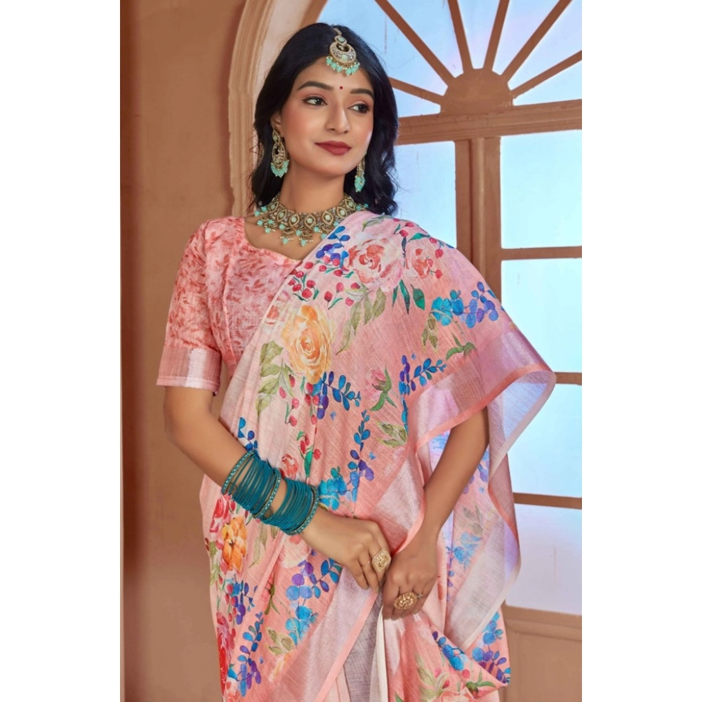 Women's Printed Cotton Linen Saree withPrinted Saree With Unstitched Blouse (Pink , 5-6Mtrs) Women's Printed Cotton Linen Saree withPrinted Saree With Unstitched Blouse (Pink , 5-6Mtrs)