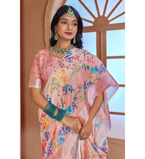 Women's Printed Cotton Linen Saree withPrinted  Saree With Unstitched Blouse (Pink , 5-6Mtrs)
