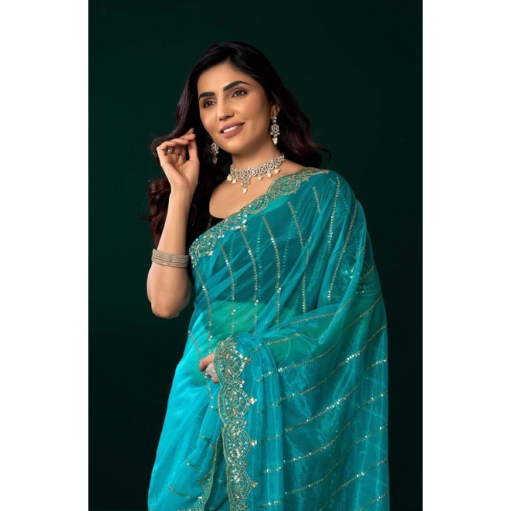Women's Net Sequence Saree With Unstitched Blouse 5.5Mtr (Turquoise) Women's Net Sequence Saree With Unstitched Blouse 5.5Mtr (Turquoise)