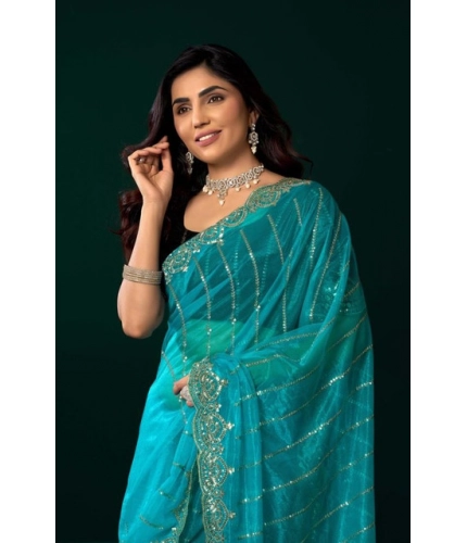 Women's Net Sequence Saree With Unstitched Blouse 5.5Mtr (Turquoise)