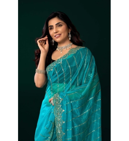 Women's Net Sequence Saree With Unstitched Blouse 5.5Mtr (Turquoise)