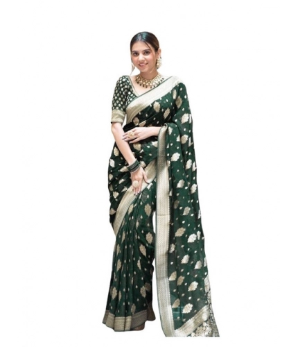 Women's Soft Lichi Silk Printed Saree With Unstitched Blouse 5.5Mtr (Green)