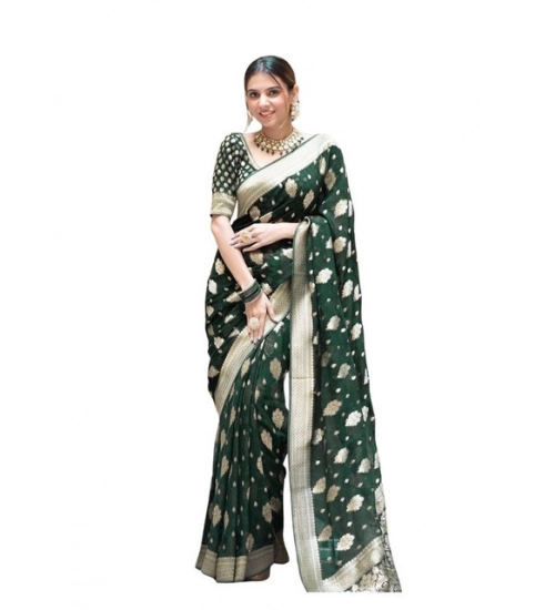 Women's Soft Lichi Silk Printed Saree With Unstitched Blouse 5.5Mtr (Green)